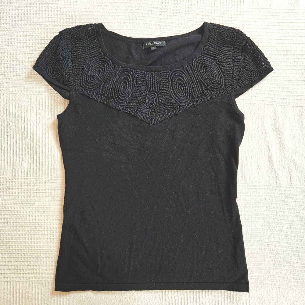 Leo Guy Black Knit Quiet Luxury Embroidered Cap Sleeve Scoop Neck Top Women 2